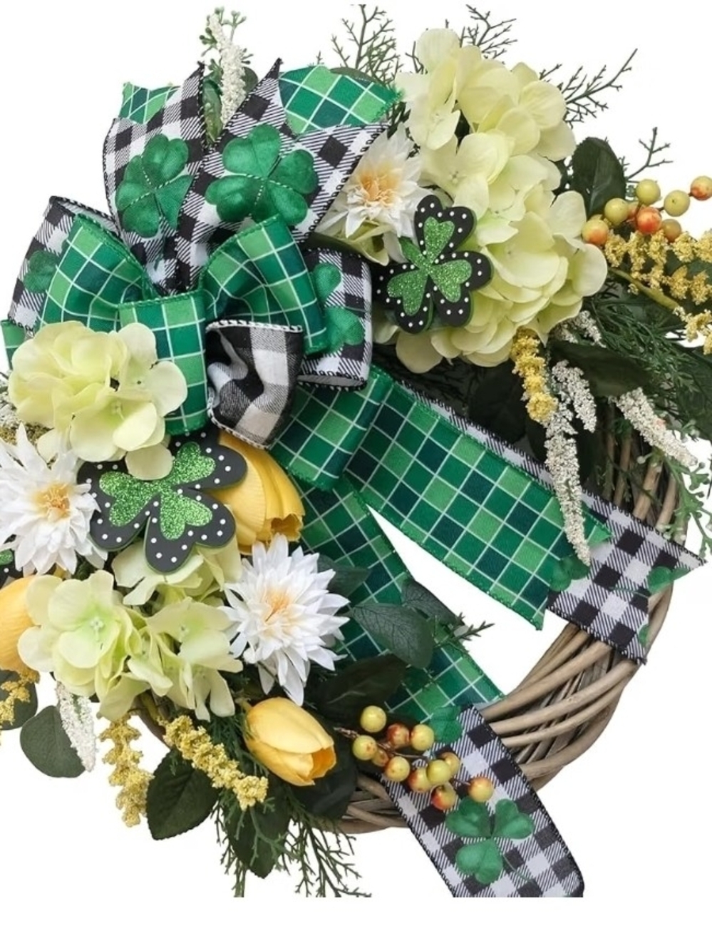 St. Patrick's Day Spring Wreath with Green Plaid Bow & Yellow Accents